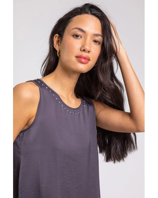 Roman Gray Embellished Neck Asymmetric Hem Tunic Top