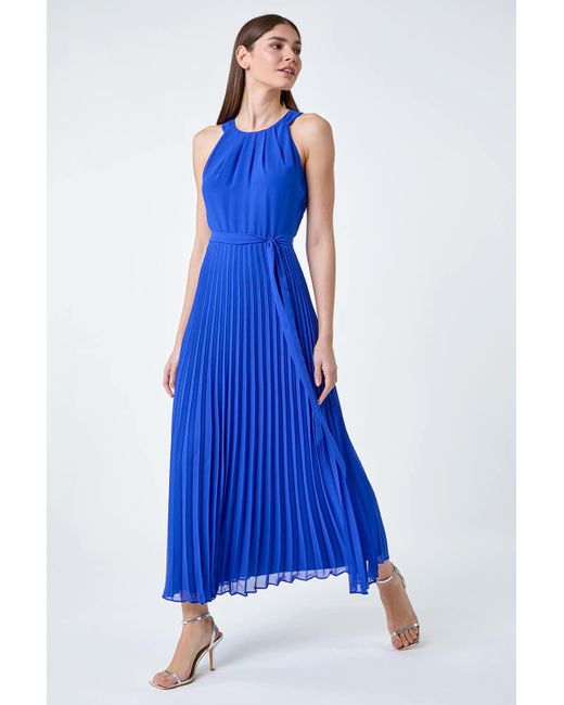 Roman Blue Pleated Halter Neck Maxi Dress