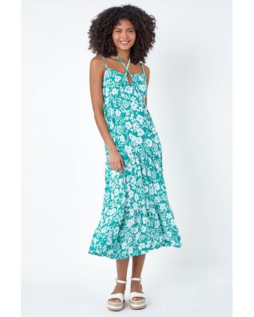 D.u.s.k Blue Floral Strappy Cross Over Midi Dress