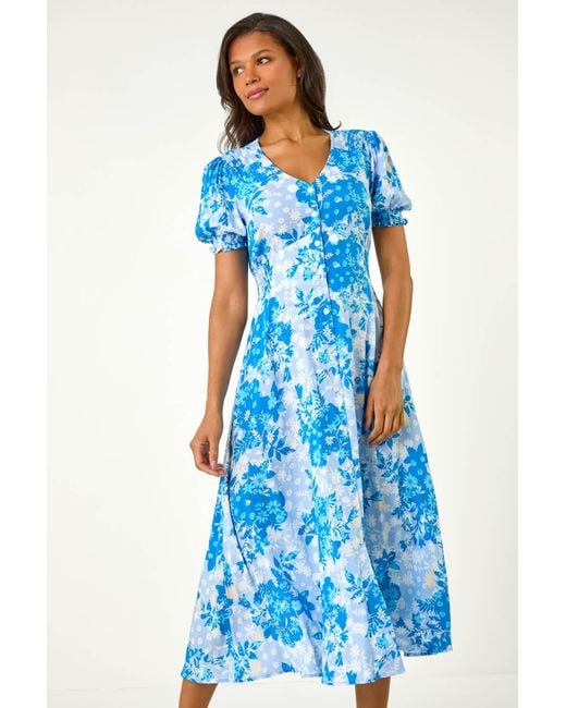 Roman Blue Button Through Floral Shirred Midi Dress