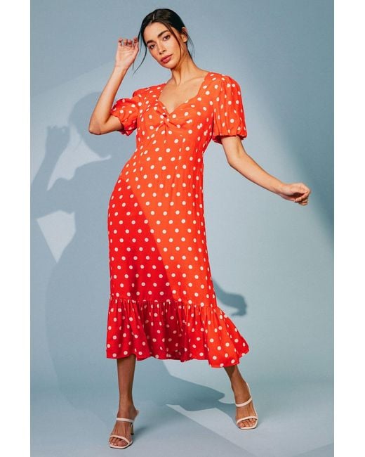 Roman Red Polka Dot Twist Front Midi Dress