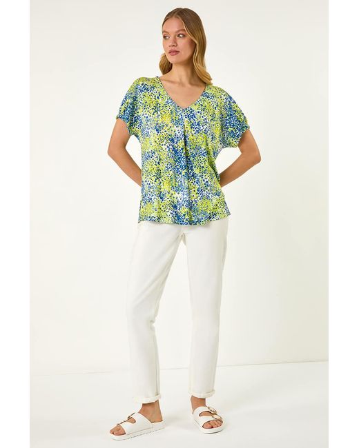 Roman Blue Abstract Spot Print Pleat Front Top