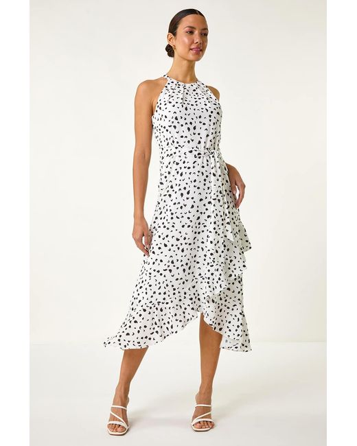 Roman White Spot Stretch Frill Hem Halter Dress