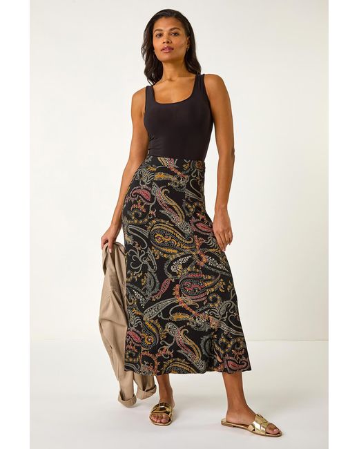 Roman Black Modern Paisley Print Midi Stretch Skirt