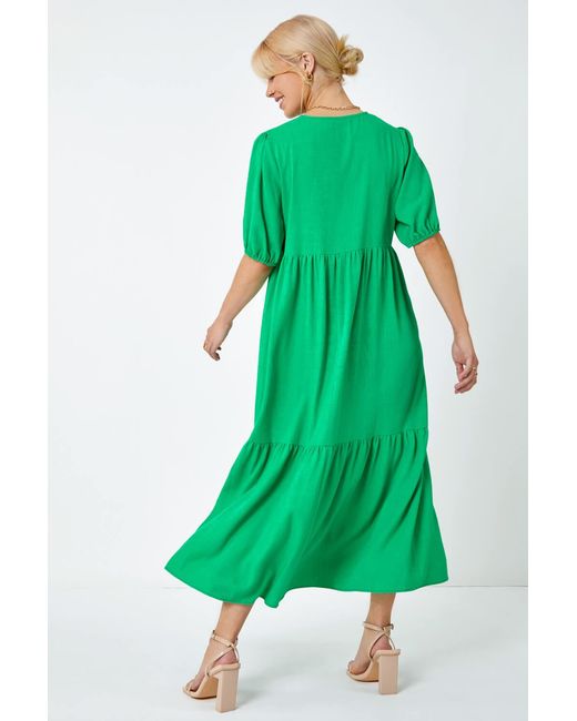 D.u.s.k Green Linen Blend Tiered Midi Dress
