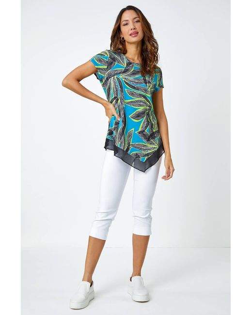 Roman Blue Palm Leaf Chiffon Hem Asymmetric Top