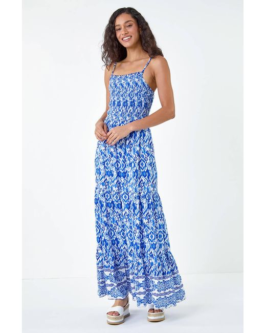 D.u.s.k Blue Aztec Border Print Shirred Maxi Dress