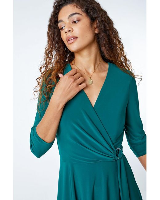 Roman Blue Ring Buckle Wrap Stretch Dress