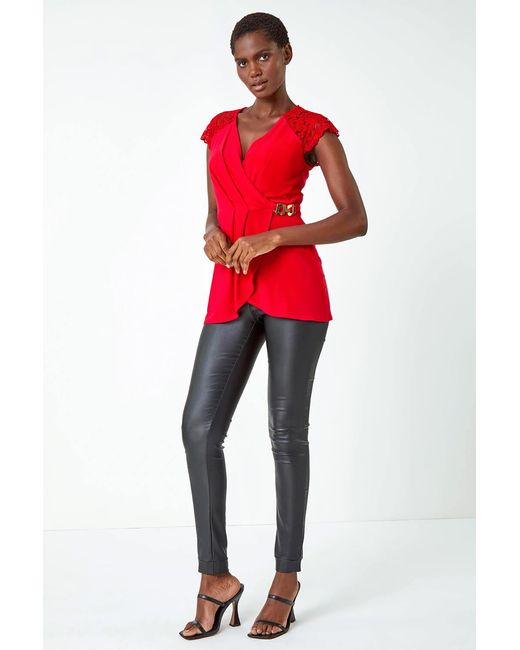 Roman Red Lace Trim Stretch V-Neck Wrap Top