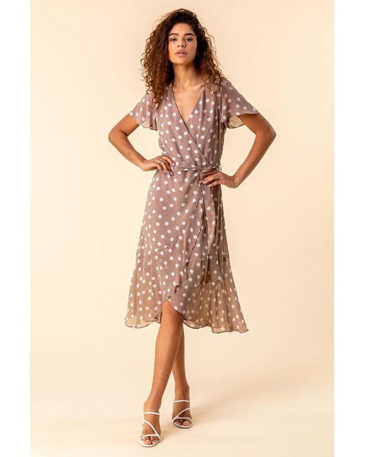 Roman Brown Spot Print Frilled Hem Wrap Dress