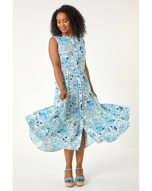 Roman Petite Blue Postcard Print Midi Dress