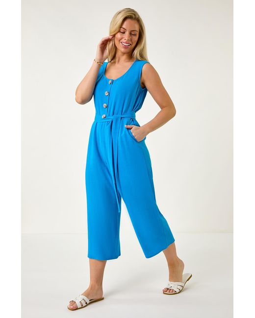 Roman Petite Blue Button Front Jumpsuit