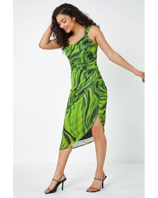 D.u.s.k Green Swirl Print Ruched Stretch Midi Dress
