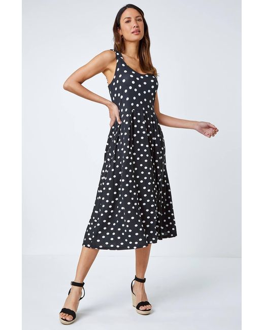 Roman White Sleeveless Polka Dot Midi Stretch Dress