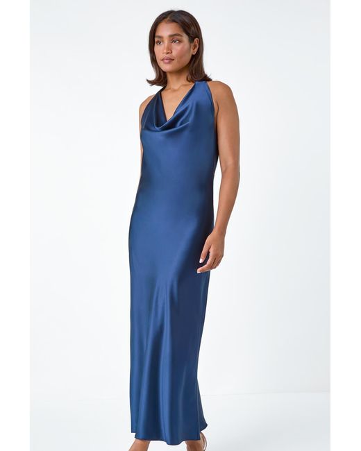 Roman Blue Satin Bias Cut Bodycon Dress