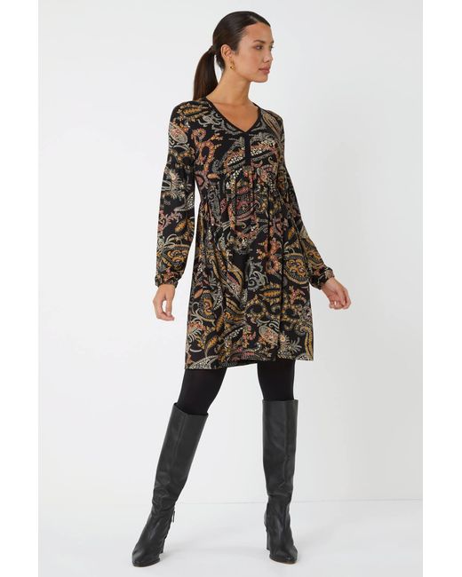 Roman Black Paisley Print Stretch Dress