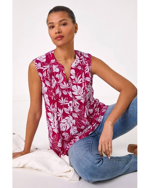Roman White Textured Leaf Print Vest Top