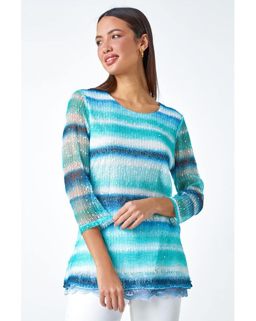 Roman Blue Lace Trim Stripe Mesh Overlay Top