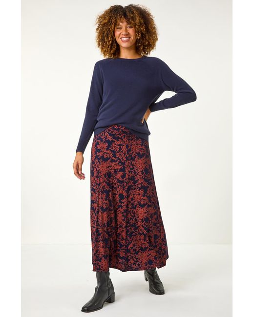 Roman Blue Foliage Floral Print Stretch Midi Skirt