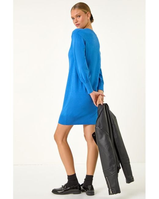 Roman Blue V-Neck Knit Jumper Dress