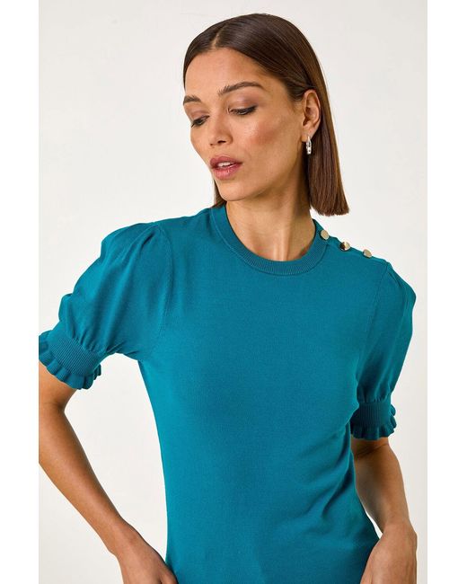 Roman Blue Puff Sleeve Buttoned Knit Top