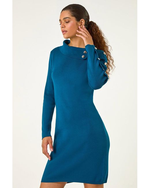 Roman Blue Button Detail Roll Neck Jumper Dress