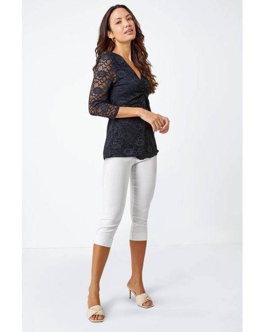 Roman Black Lace V-Neck Scallop Hem Top