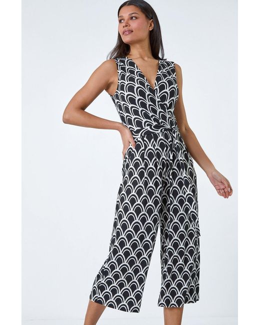 Roman Black Sleeveless Shell Print Stretch Jumpsuit