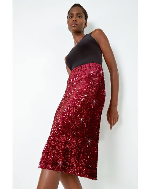 Roman Red Sequin Embellished Velour Stretch Skirt