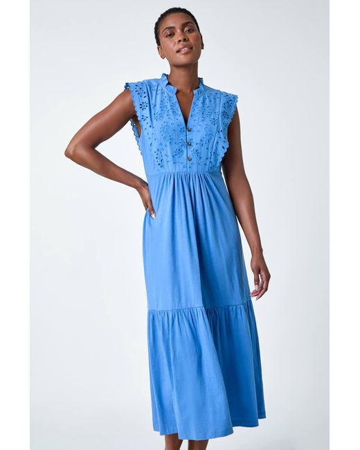 Roman Blue Broderie Frilled Cotton Midi Dress