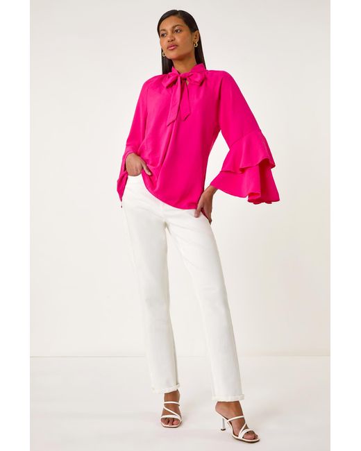 Roman Pink Frilled Sleeve Tie Front Top