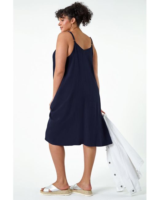 Roman Curve Blue Strappy Cotton Pocket Dress