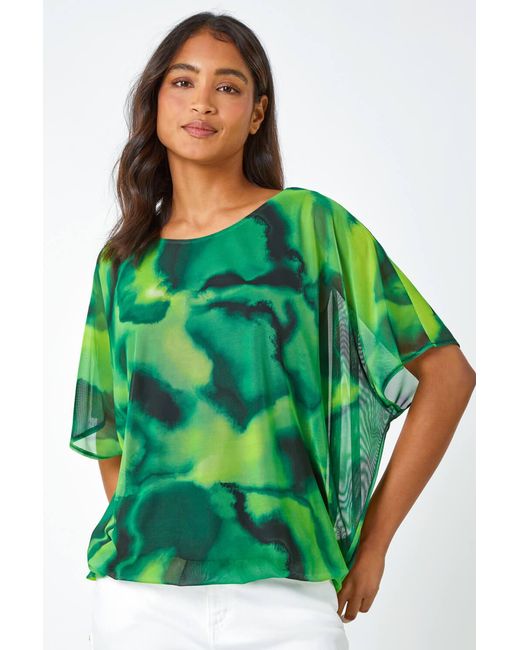 Roman Green Printed Mesh Overlay Batwing Top