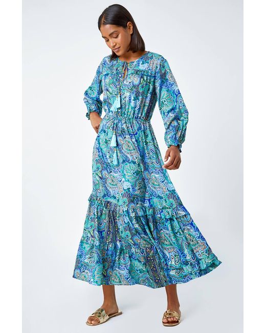 Roman Blue Paisley Print Tassel Frill Hem Maxi Dress