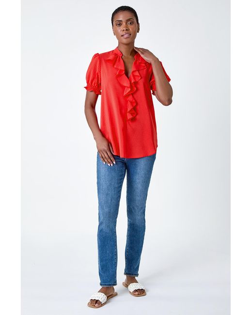 Roman Waffle Textured V-Neck Frill Detail Top