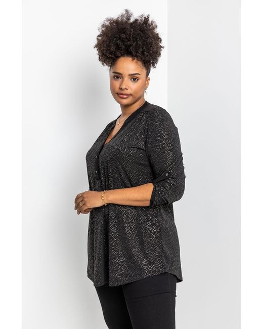 Roman Curve Metallic Glitter Button Tunic Top