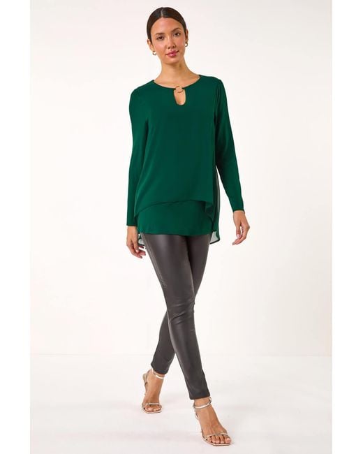Roman Green Ring Front Chiffon Overlay Tunic Top
