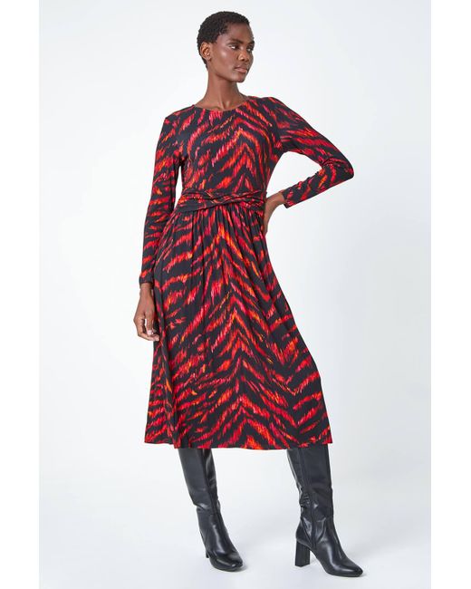 Roman Red Tiger Print Twist Waist Midi Stretch Dress