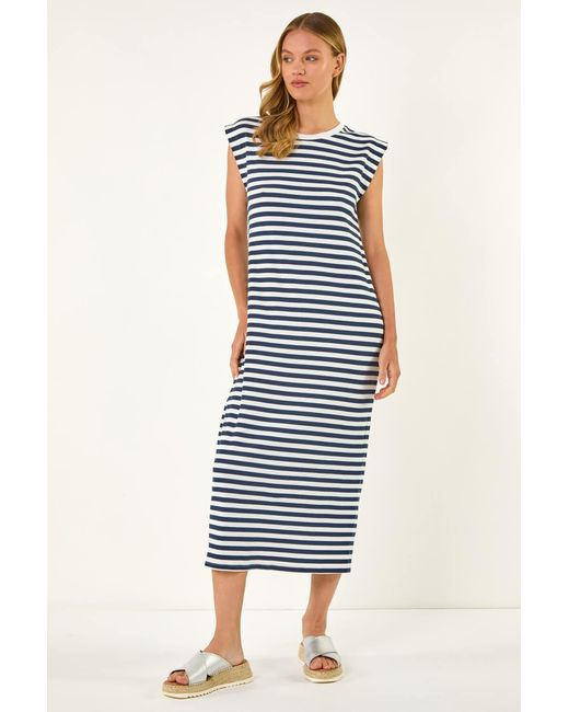 Roman Blue Ribbed Stripe Cap Sleeve Midi Dress