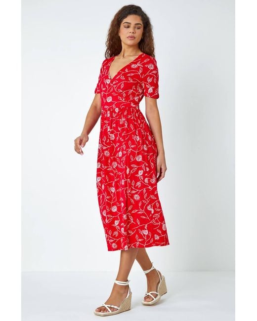 Roman Red Floral Print Stretch Wrap Midi Dress