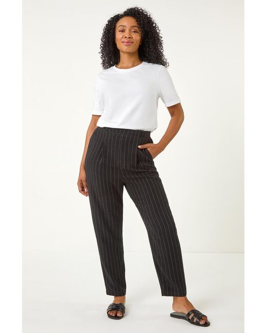Roman Petite Black Stripe Tapered Linen Mix Trouser