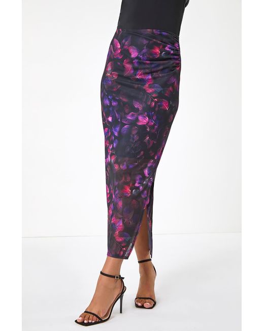Roman Purple Printed Ruched Mesh Pencil Skirt