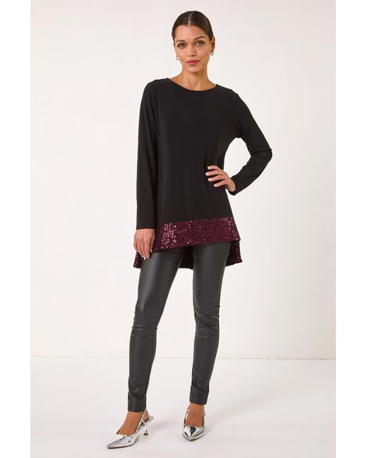 Roman Black Sequin Hem Tunic Stretch Top