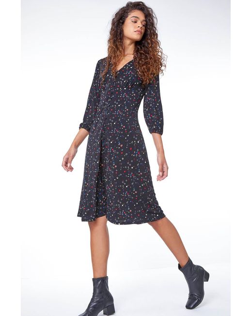 Roman Blue Bubble Print Button Through Midi Dress