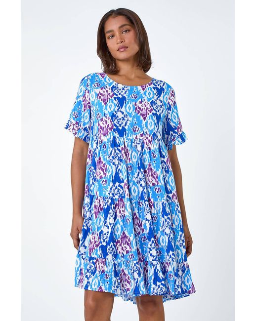 Roman Blue Aztec Print Tiered Smock Dress