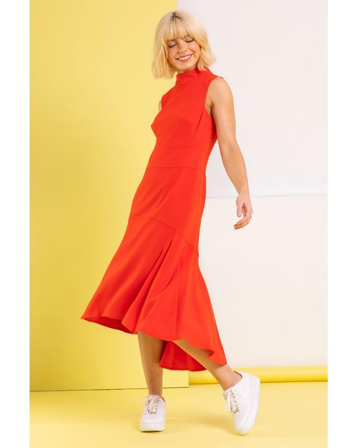 D.u.s.k Red High Neck Dipped Hem Midi Dress