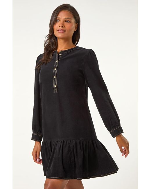 Roman Black Corduroy Button Detail A-Line Dress