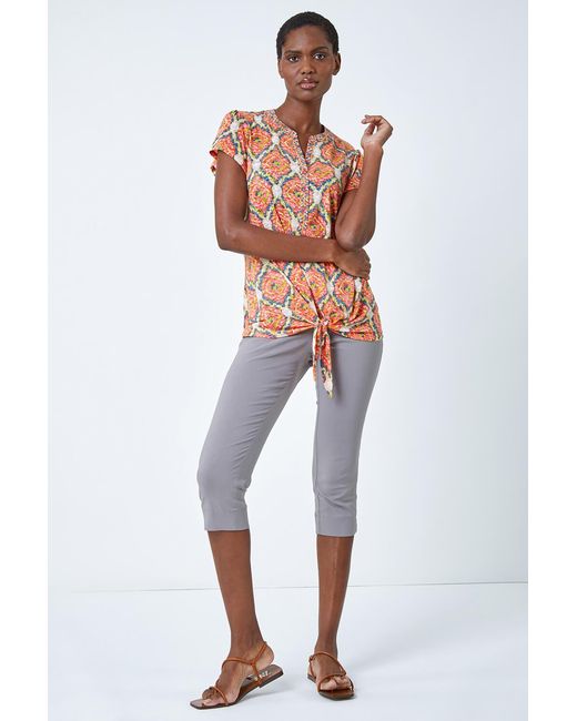 Roman Brown Geometric Print Tie Front Top