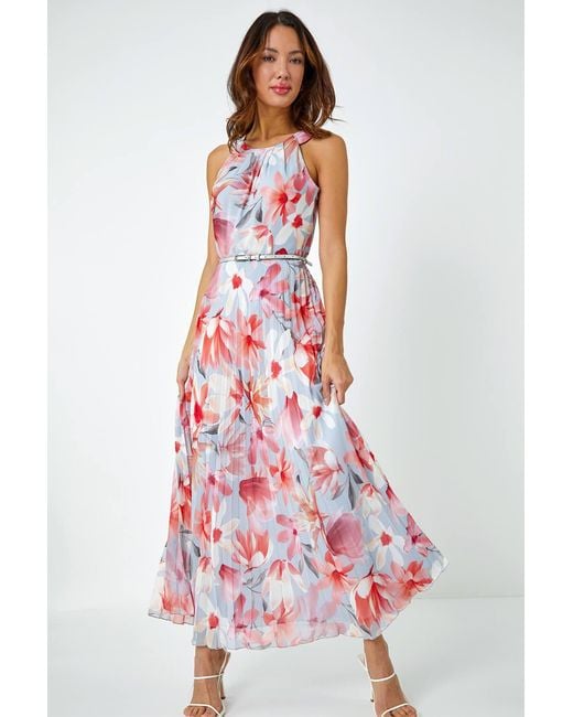 Roman White Floral Pleated Halterneck Maxi Dress
