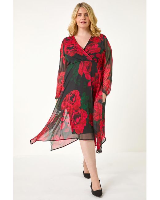 Roman Curve Red Floral Print Wrap Stretch Midi Dress